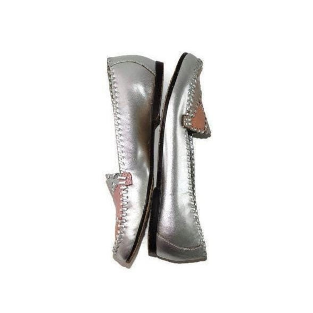 Mixed Blues Patchwork Loafers Women 6M Metallic Silver Whipstitch Flat Slip On - Picture 5 of 9